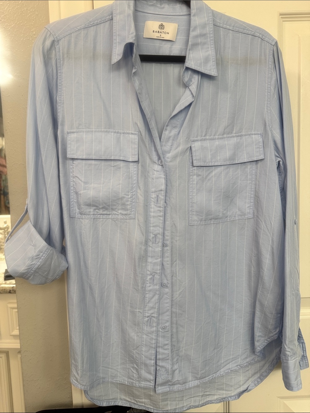 Babaton Pale Blue Pinstripe Casual Button-Down Shirt